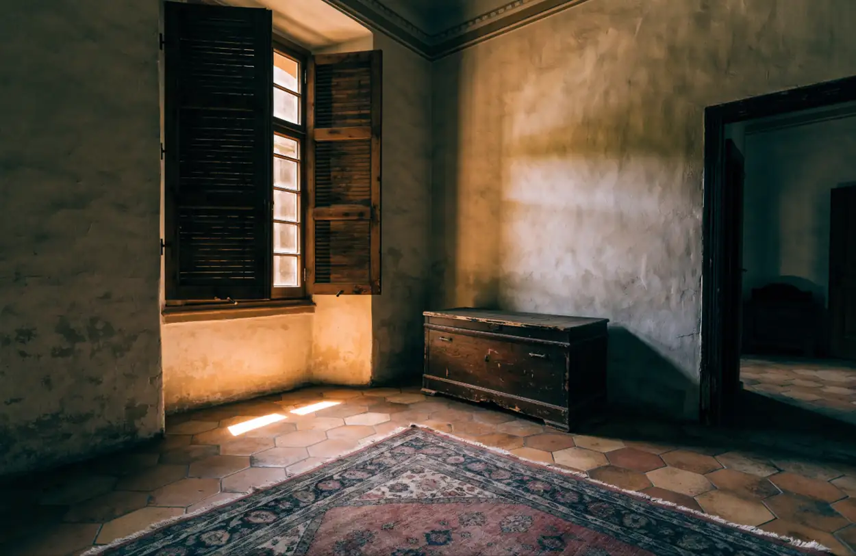 Tapis persan sur les tomettes d'un appartement ancien aux volets mi-clos