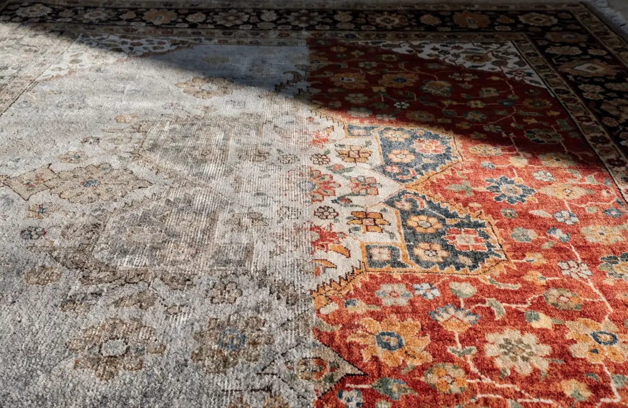 Même tapis : moitié encrassée et grise, moitié lavée et vive