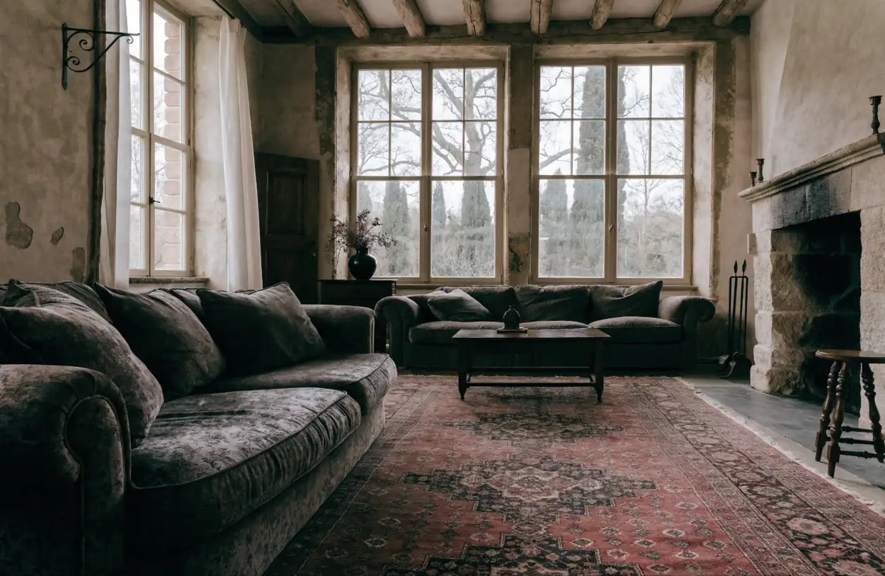 Salon de bastide avec cheminée et très grand tapis rouge