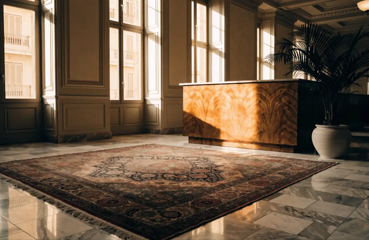Hall d'hôtel avec un très grand tapis persan devant la réception