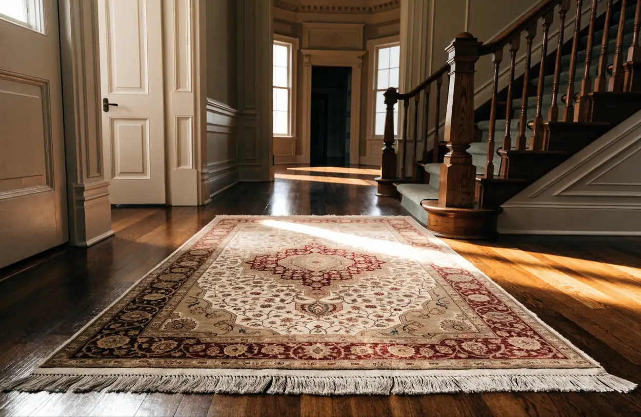 Grand tapis persan livré et aligné dans un hall d'entrée