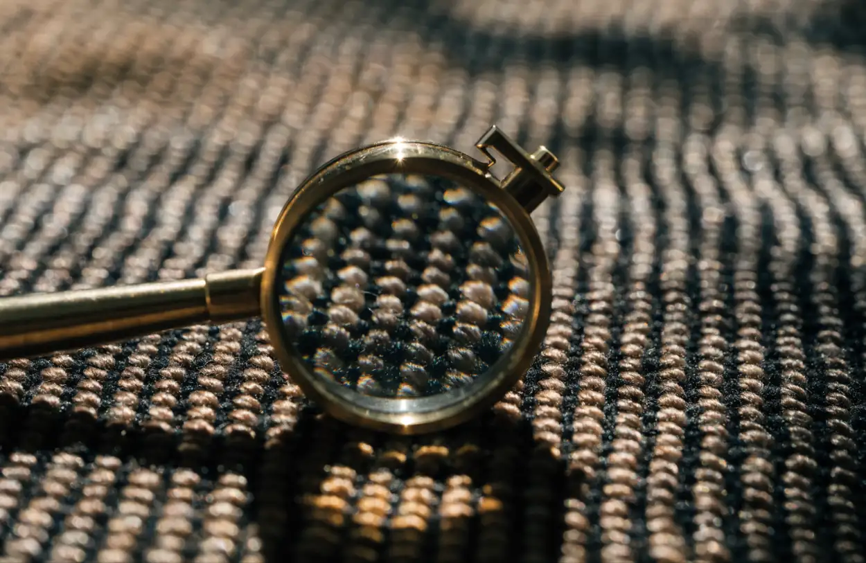 Loupe de joaillier posée sur le dos d'un tapis noué main