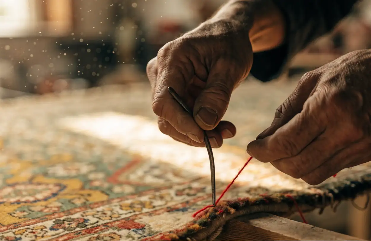 Mains d'artisan retissant un tapis à l'aiguille