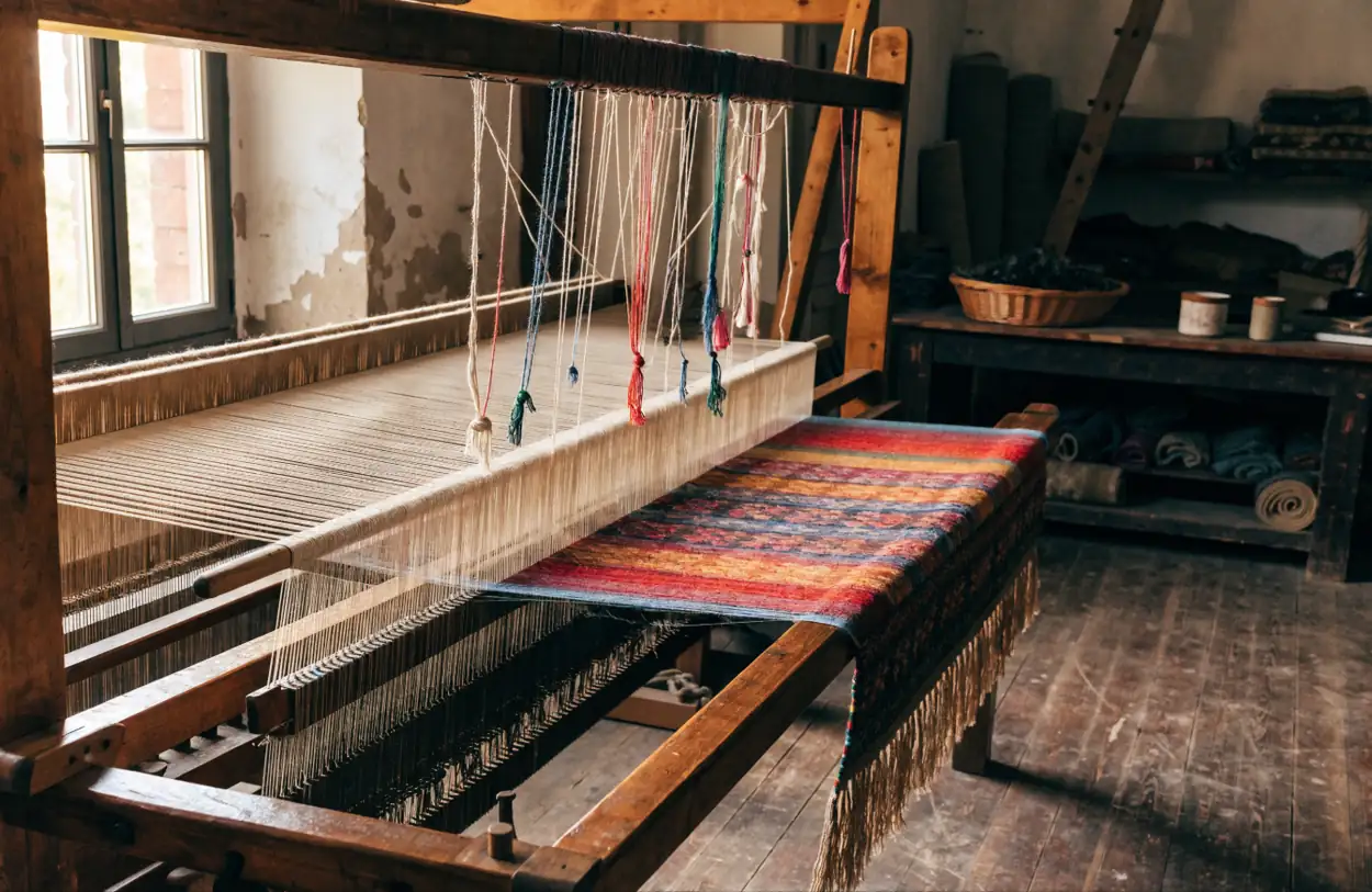 Métier à tisser en bois avec un tapis en cours