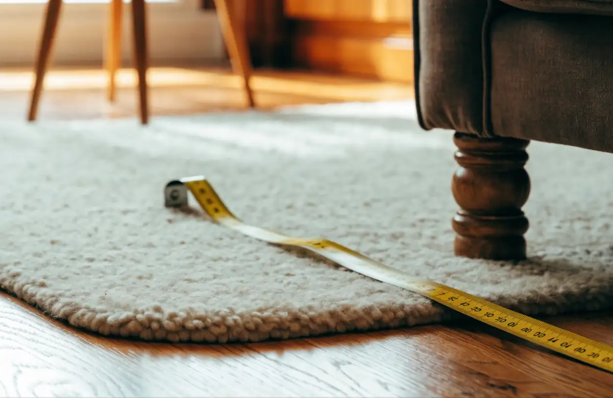 Mètre ruban déroulé sur un tapis au pied d'un canapé