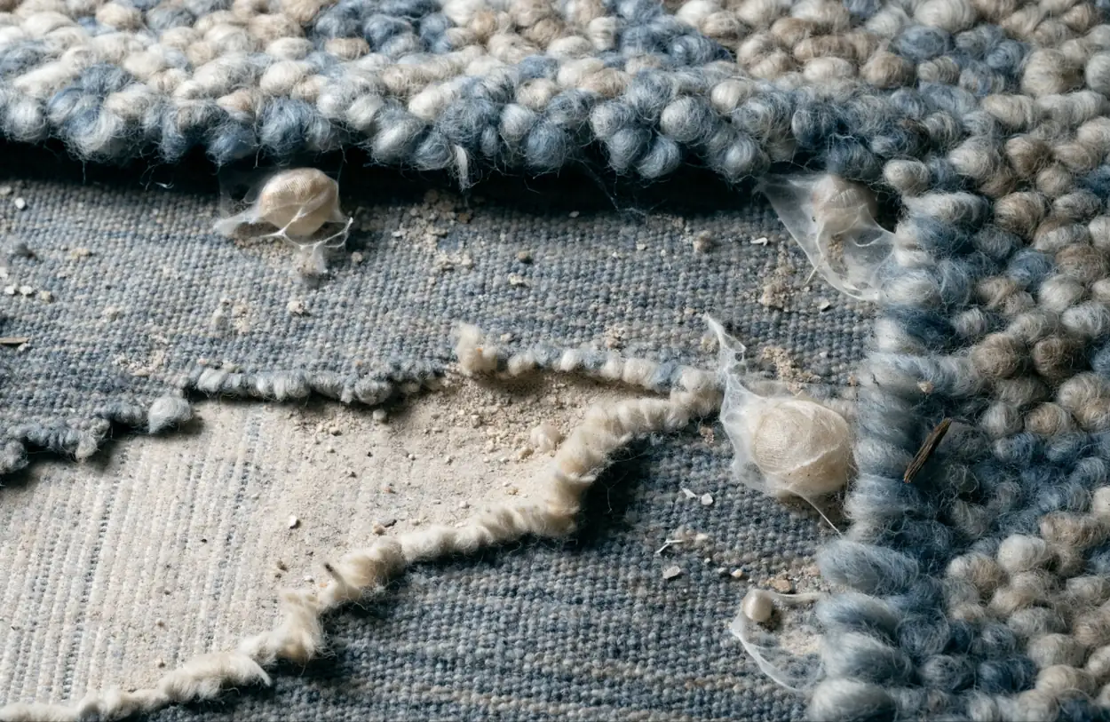Dos d'un tapis attaqué par les mites : trame à nu et cocons