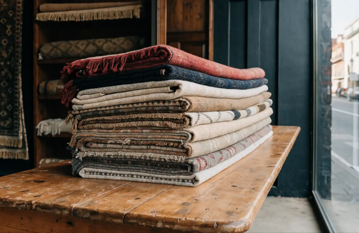 Pile de tapis pliés sur une table de showroom