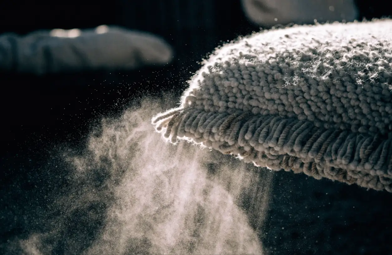 Poussière et sable libérés de la base d'un velours de laine