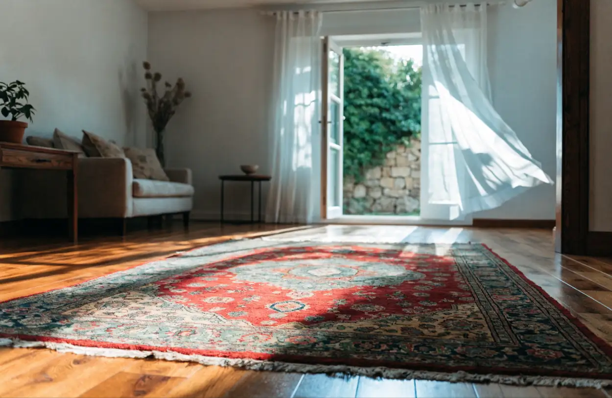 Tapis persan aux couleurs ravivées dans un salon ensoleillé