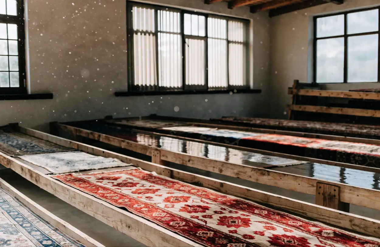 Tapis séchant à plat sur des claies dans une pièce claire