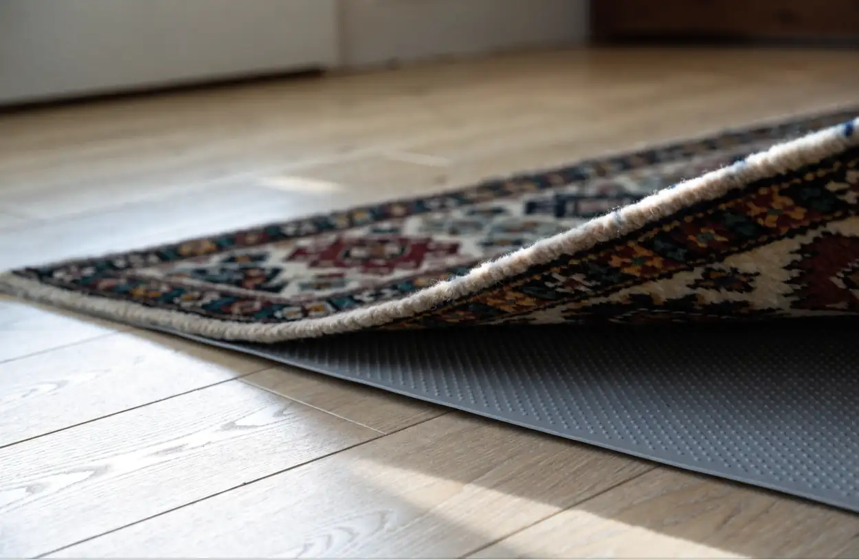 Coin de tapis soulevé montrant le sous-tapis antidérapant
