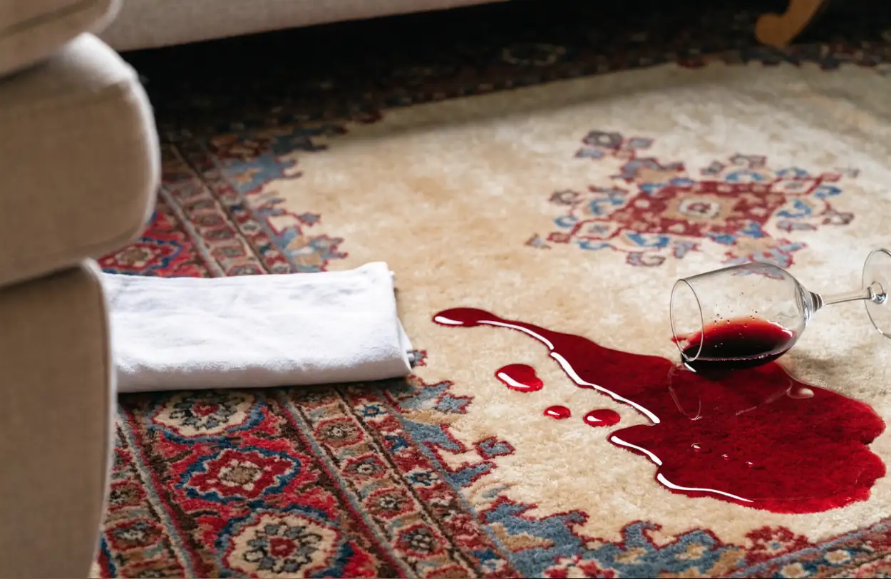 Tache de vin rouge fraîche sur un tapis (illustration)