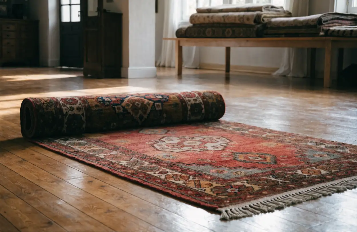 Tapis d'Orient à demi déroulé sur le parquet d'un showroom