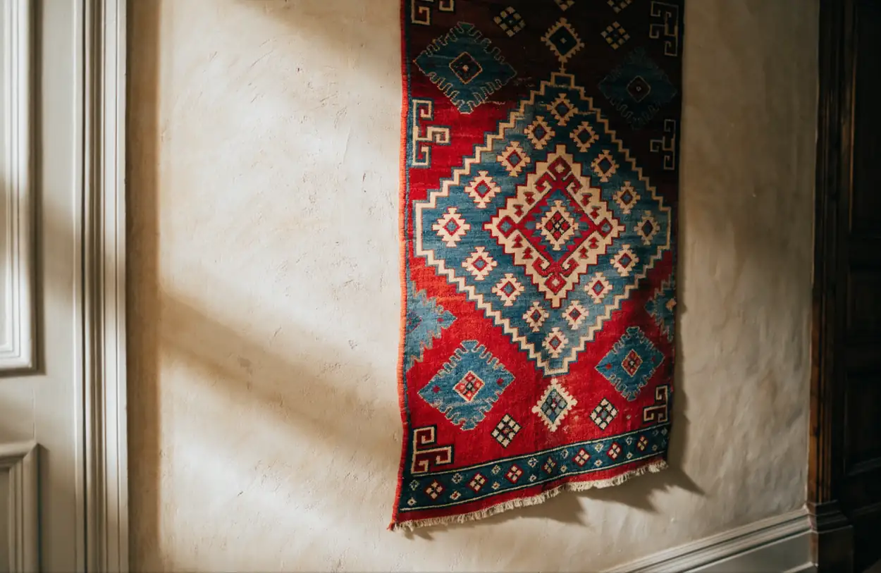 Tapis caucasien accroché au mur comme un tableau
