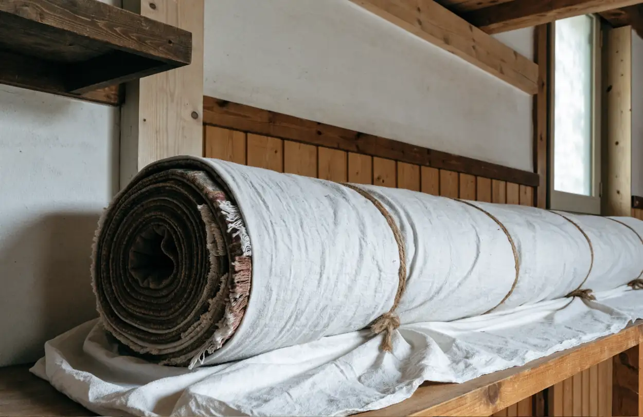 Tapis roulé dans un drap de coton, sur une étagère (illustration)