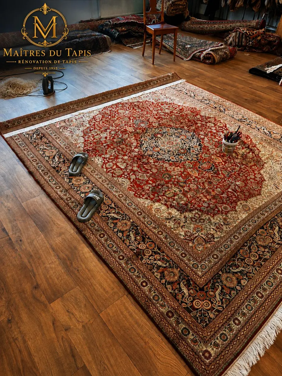 Tapis persan ancien étalé à plat sur un parquet